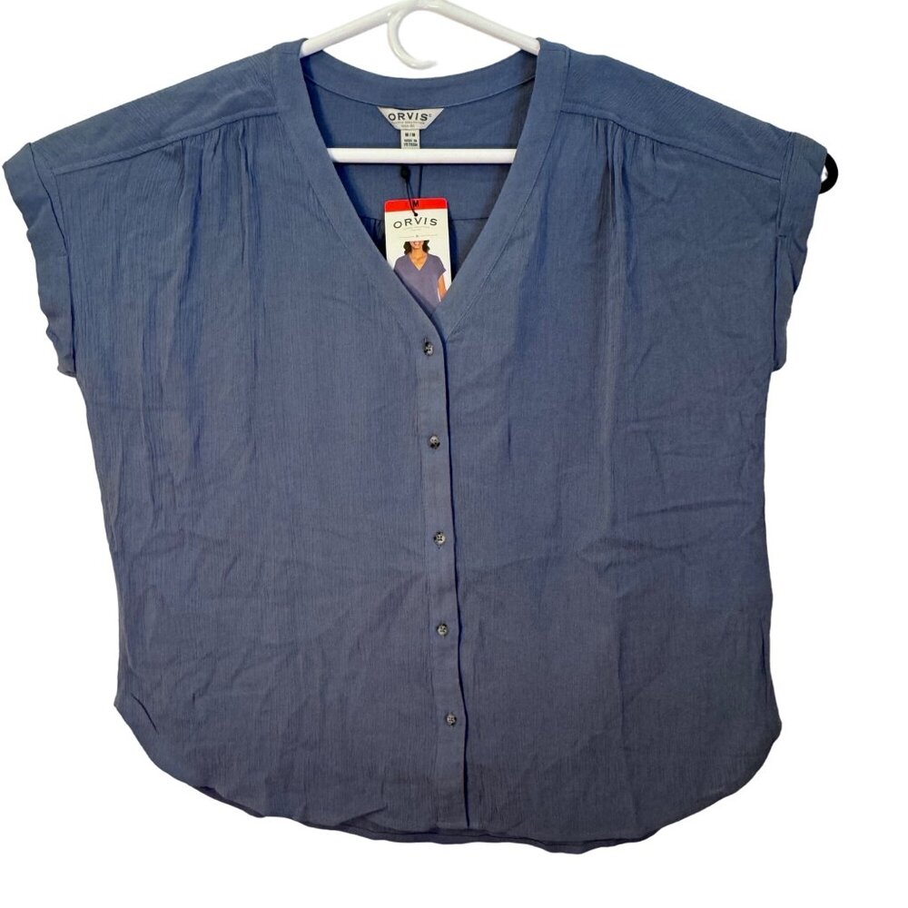 Orvis Womens Blue Button-Down Blouse With V-Neck & Short Sleeves Size Medium